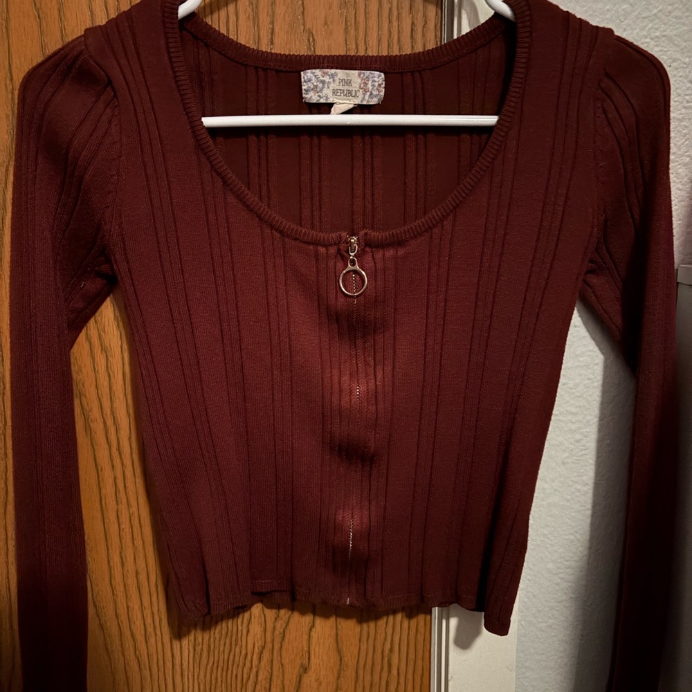 Pink Republic Burgundy Ribbed Long Sleeve Blouse